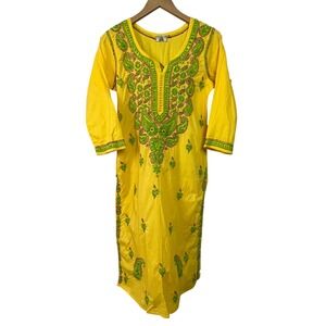 Ada Yellow Embroidered‎ Kurti Tunic Dress M 40 Paisley Print Boho Indi Resort